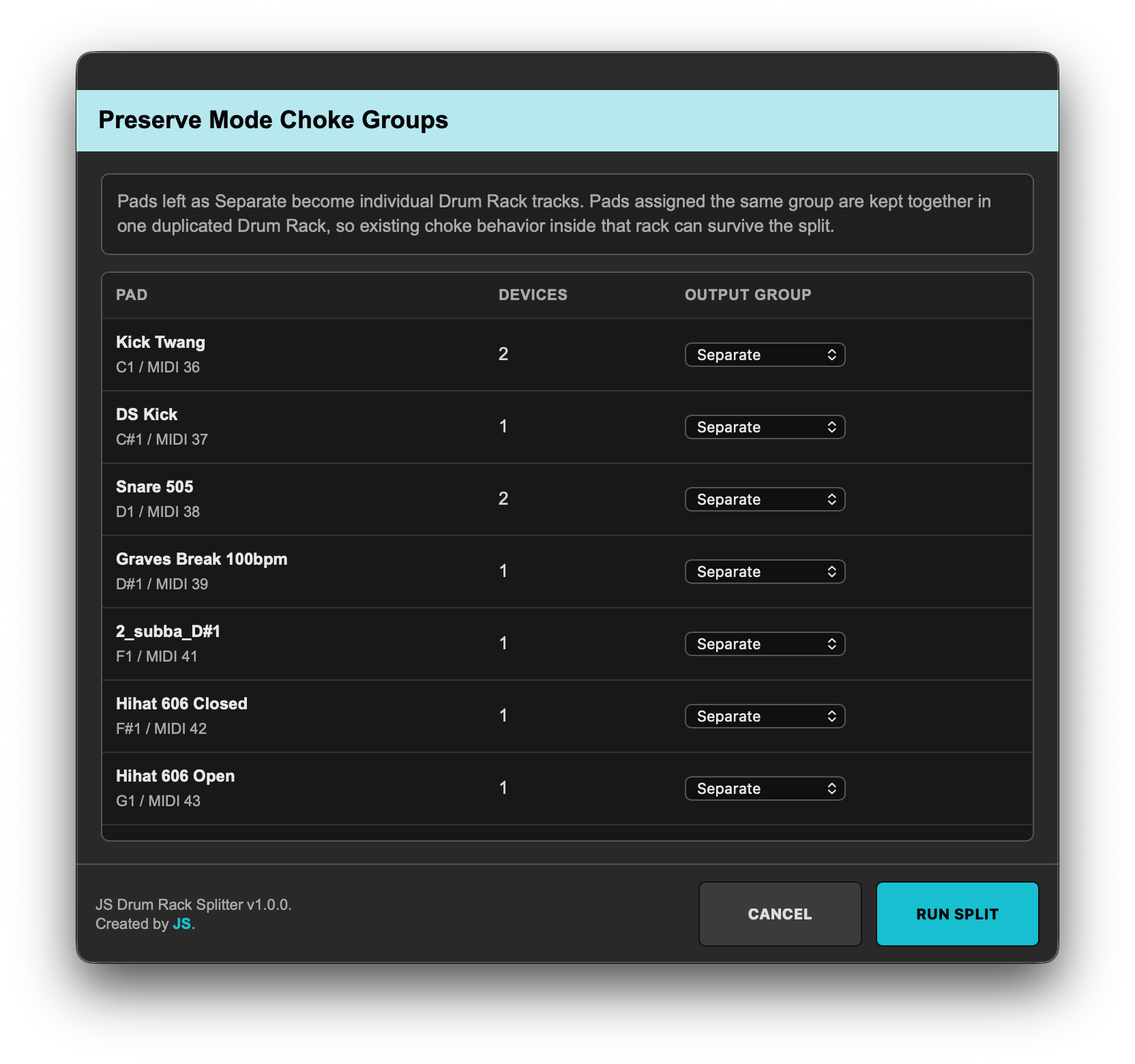 JS Drum Rack Splitter - Ableton Extension