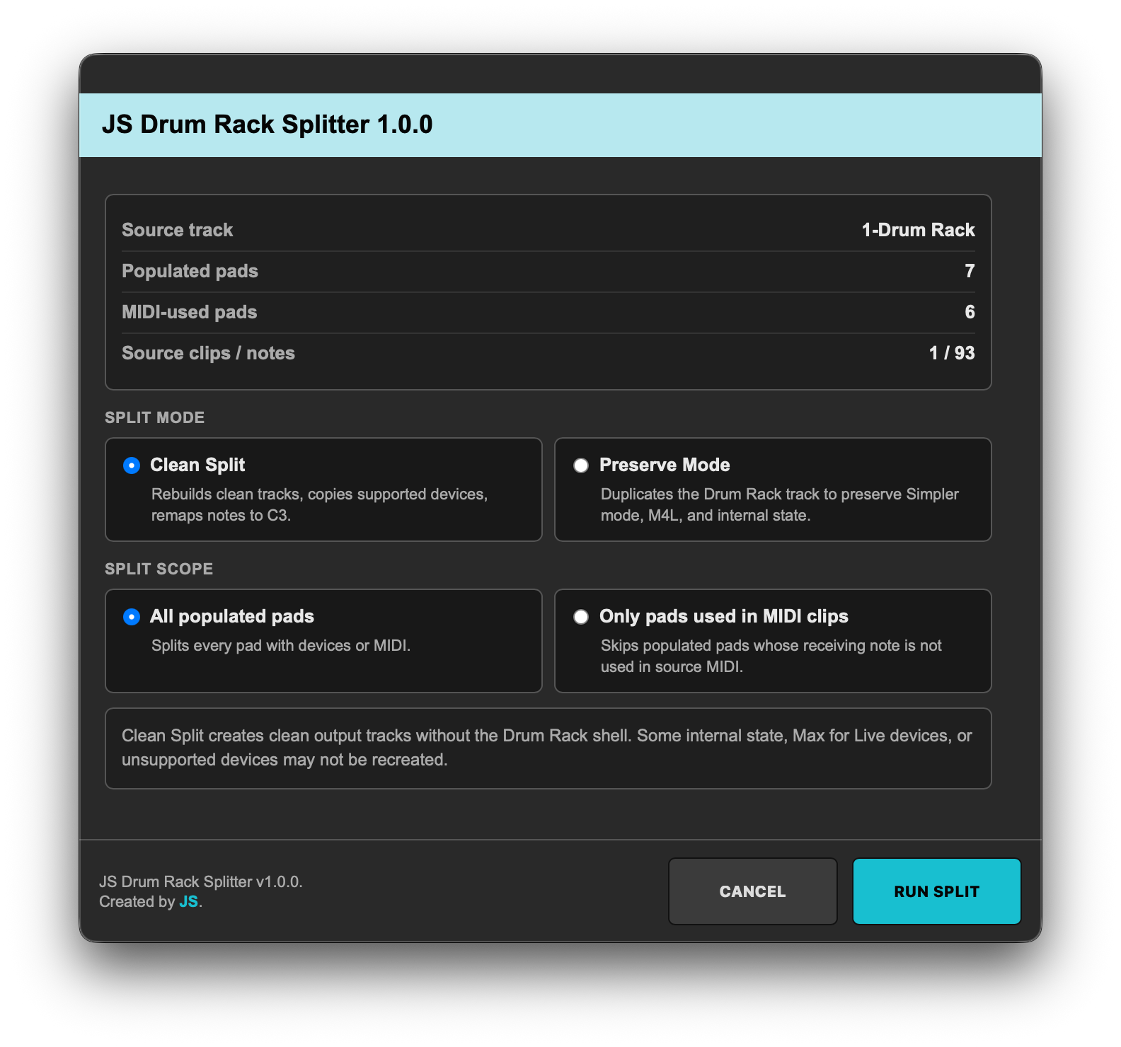 JS Drum Rack Splitter - Ableton Extension